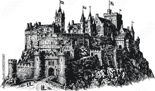 Foto Historic Edinburgh Castle illustration on a rocky outcrop with flags flying unde
