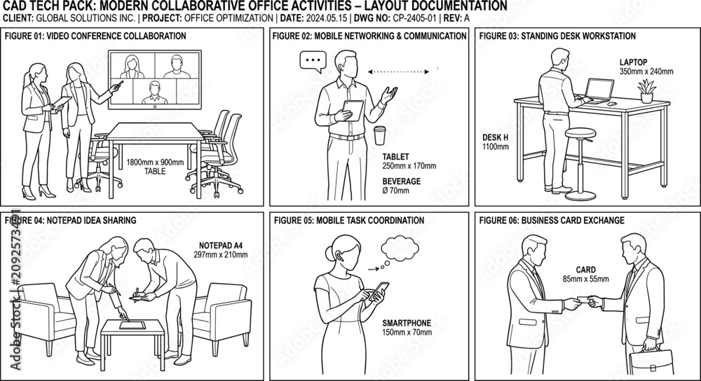 Obraz premium Line art CAD tech pack vector illustration showing modern collaborative office activities, workstations, and business meetings
