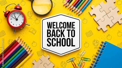 Welcome back to school text with stationery supplies like clock pencils magnifying glass notebook and puzzle pieces on yellow background symbolizing education.
