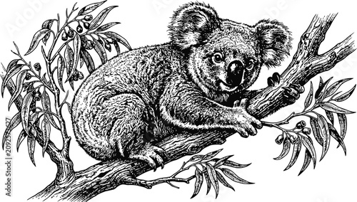 Photography Koala clinging to eucalyptus branch in detailed ink illustration during daylight
