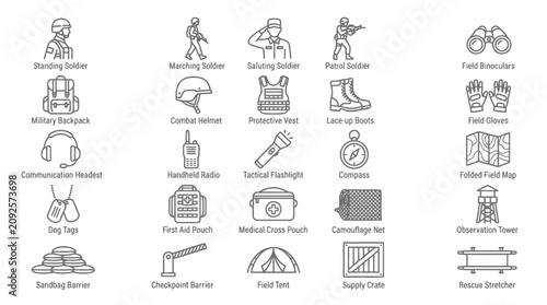 Fotografi Army infantry and tactical equipment line icons set with diverse combat gear and scenery