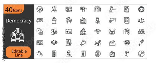 Democracy Line Icon Pack, Voting, Ballot Box, Civic Rights, Election Process, Government, Editable Stroke, Pixel Perfect, Scalable Vector Outline Icons
