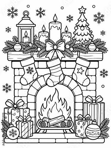 Detailed Christmas Fireplace Coloring Page with Stockings and Gifts for Holiday Relaxation and Creative Decoration