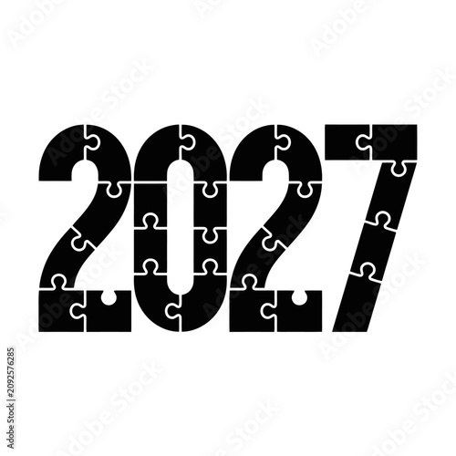 The year twenty twenty seven is formed by black puzzle pieces