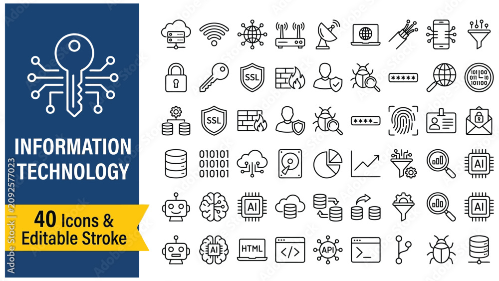 Fototapeta premium Information Technology web icon set in line style. Network, web design, website, computer, software, progress, programming, data, internet, collection. Editable stroke. Vector illustration. 