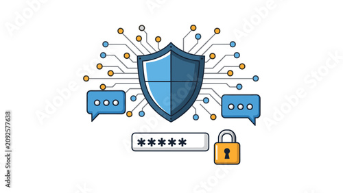 Cybersecurity protection concept featuring a blue shield icon connected to electronic circuits with a password box and padlock for safety.