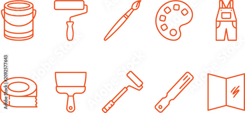 Collection of home renovation and interior painting tools in a clean minimal outline icon set