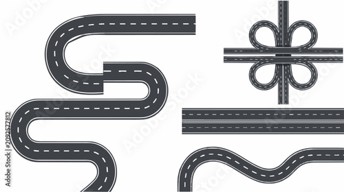 Konstfotografi Winding Roads Flat Vector Collection with S Curve, Cloverleaf Interchange and Se