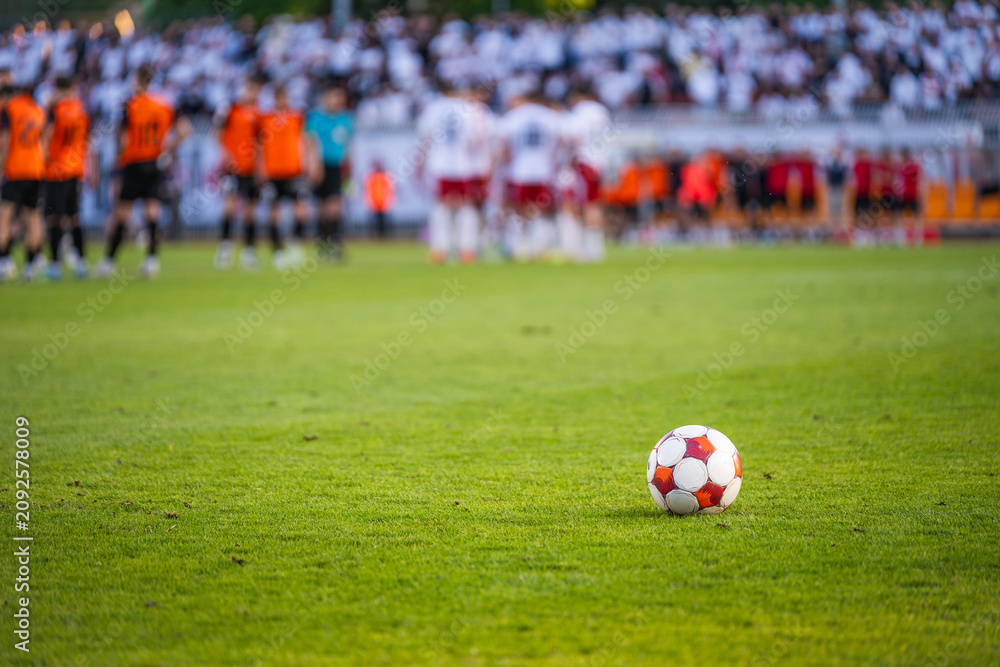 Obraz premium A soccer ball on the green grass field and playersl in the blurred background.