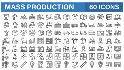 Mass Production web icons in line style. Robot, productive, workflow, industrial, automation, collection. Vector illustration.
