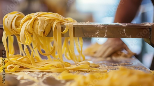 Hand operates a metal pasta machine to create long strands of fresh yellow egg noodles on a floury surface.
