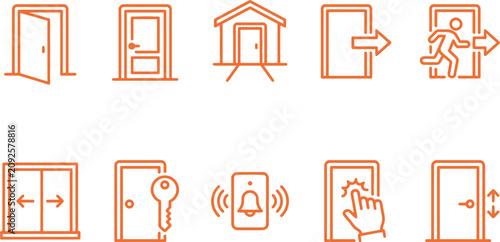 Modern door and entrance outline icon set for home security and building access control systems