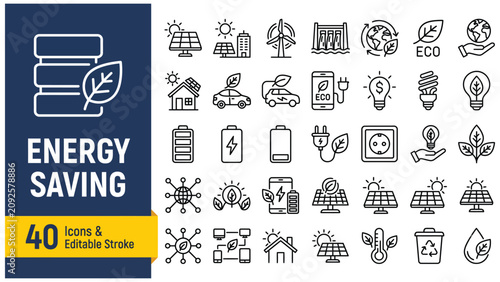 Energy Saving web icons in line style. Green energy, ecology, electricity, collection. Editable stroke. Vector illustration.
