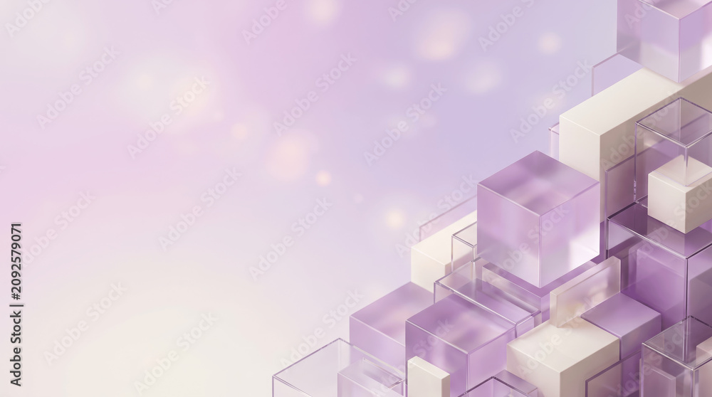 Fototapeta premium Cubes of translucent glass create a geometric pattern on a soft purple background.
