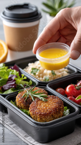 Hand adding dressing to a balanced vegetarian bento box for healthy office lunch, promoting mindful eating, freshness, nutrient rich meals, and sustainable food choices