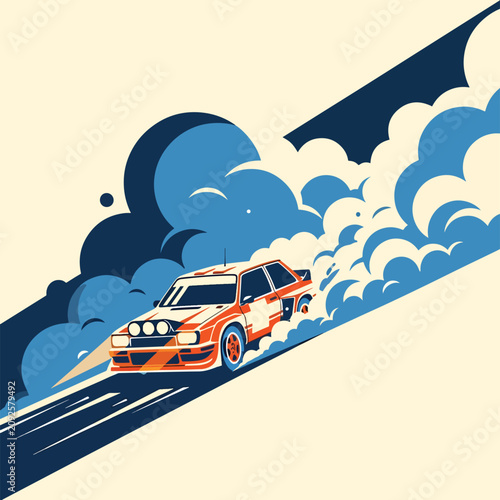 Orange rally car drifting on asphalt with intense smoke.
