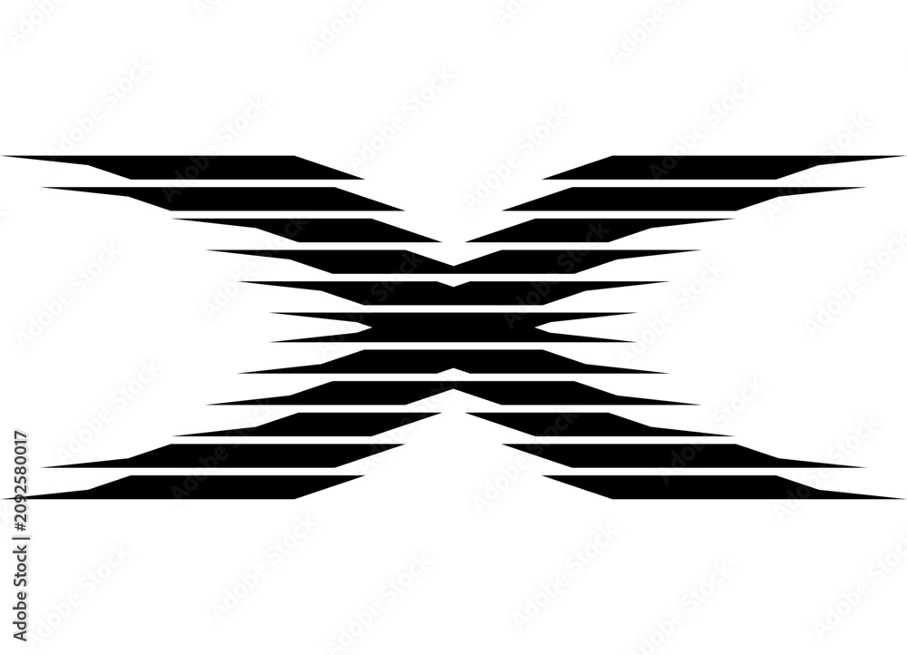Fototapeta premium Letter X. Vector black striped pattern of sharp lines on a white background. Sporty design element for car bodies, motorcycles, boats, sportswear, or toys. Logo. Vector background.