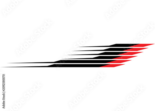 Vector red-and-black striped pattern featuring sharp lines on a white background. Racing stripe. A sporty design element for car, motorcycle, or boat bodies, sportswear, or toys. Logo. Vector backgrou