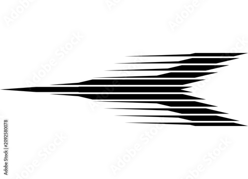Vector black striped pattern featuring sharp lines on a white background. Racing stripe. Arrow. Sporty design element for car, motorcycle, or boat bodies, sportswear, or toys. Logo. Vector background.