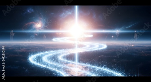 Cosmic path of light leading towards a bright star in the galaxy with milky way universe abstract astronomy celestial infinity