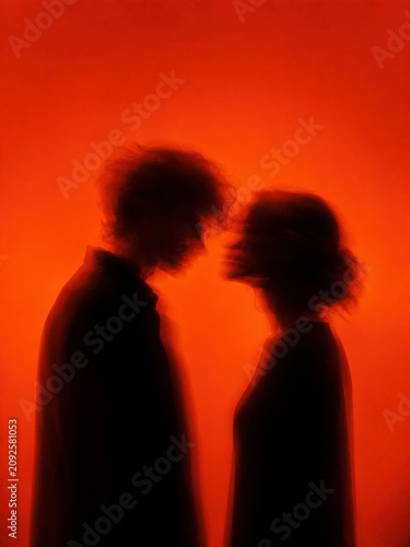 Abstract motion blur silhouettes of a couple facing each other, ethereal ghosting effect in vibrant fiery orange neon light for intense psychological or romantic storytelling