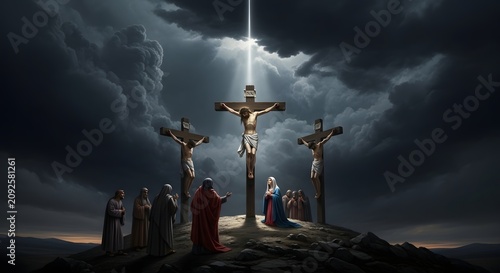 Crucifixion of jesus christ on calvary hill under dark dramatic storm clouds with crucifixion religion christianity biblical