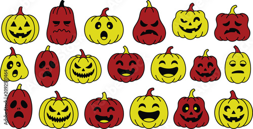 Cuadro en lienzo Collection of cartoon halloween pumpkins with various emotive faces