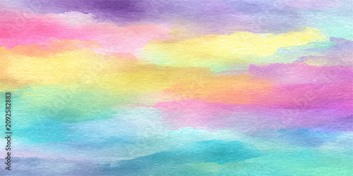 Foto Abstract Colorful Watercolor Sunset Landscape with Sky, Ocean Waves, Sunlight, C