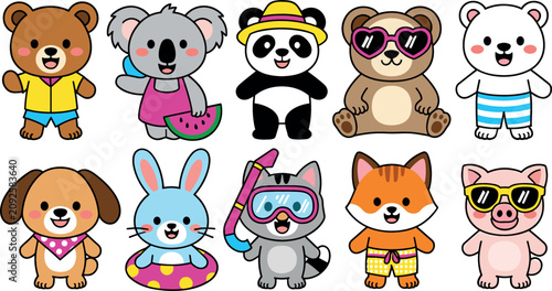 Canvas Print Cute Summer Animal Vector Set Bear Koala Panda Rabbit Cat and Fox in Beach Outfi
