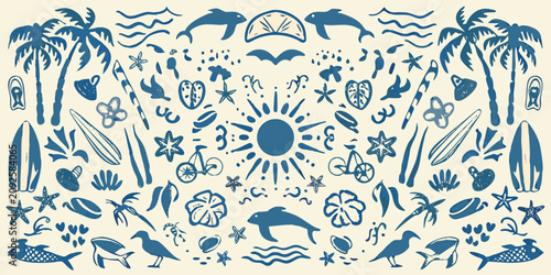 Schilderij op canvas Beach And Summer Elements Blue Vector Illustration With Scenic Background
