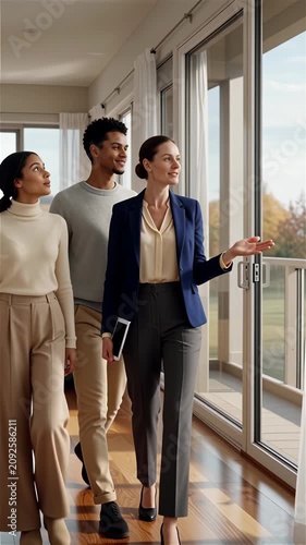 Professional female real estate agent guiding young couple through bright modern open-concept living room with large windows and elegant natural morning light