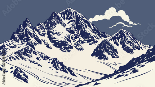 Fotografie Mountain range illustration with a lenticular cloud depicted in a stylized blue