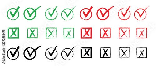 Doodle hand drawn chalk check mark and cross icon set.  Green check mark and black blue and red Doodle black check marks set.