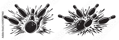 Bowling ball and pins icon, modern flat sports vector illustration isolated on white background. Minimal bowling equipment symbol for game, tournament, recreation, club, logo, poster