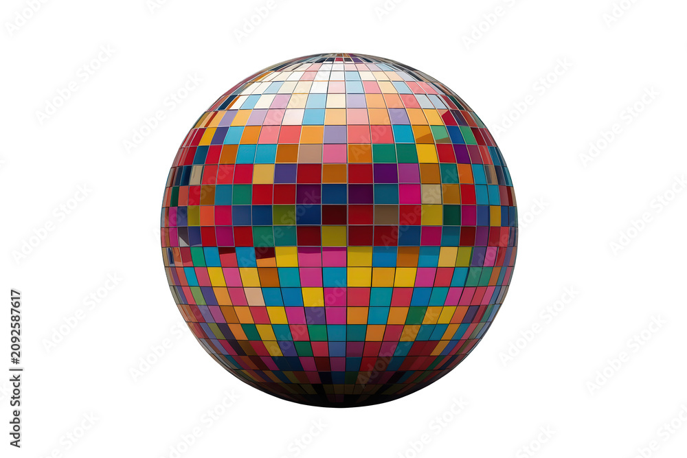 Obraz premium Disco ball vibrant pixel squares reflecting light, creating a dynamic mosaic for celebration and party events, transparent background