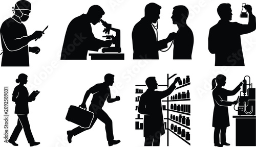 Medical staff hospital healthcare and laboratory science researchers vector icon set black silhouette isolated on white background