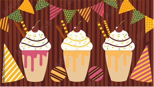 Festive vector illustration featuring three creamy milkshakes decorated with whipped cream and cherries against a striped background with party bunting