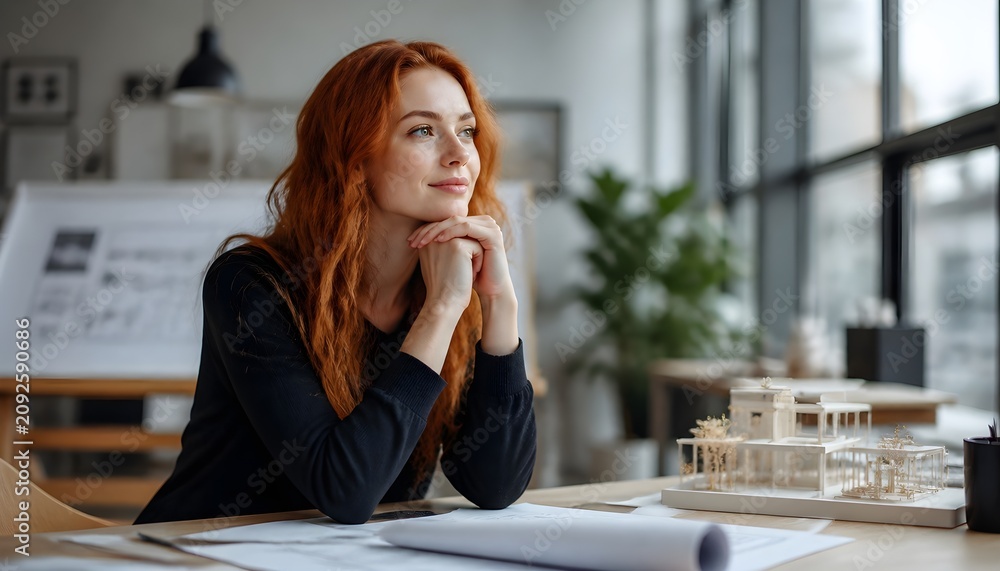 Fototapeta premium Female Architect Thoughtfully Contemplating a New Building Design Project