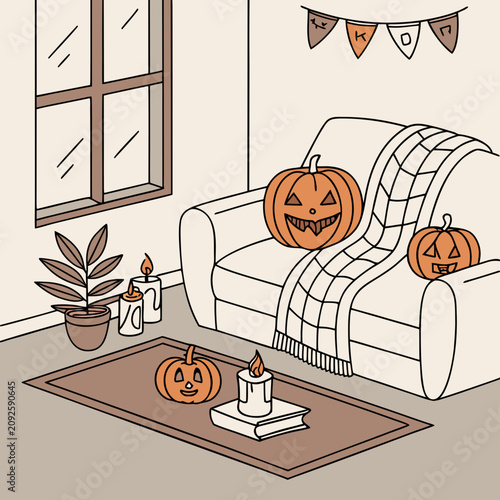 Cozy Halloween living room interior with carved pumpkins and candles illustration