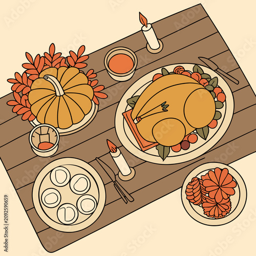 Thanksgiving dinner table with roasted turkey, pumpkin and autumn decorations flat lay
