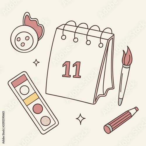Hand drawn calendar with number eleven and art supplies for creative planning and schedule.
