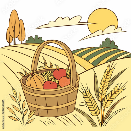 Autumn harvest basket with apples and pumpkin in a golden wheat field landscape illustration