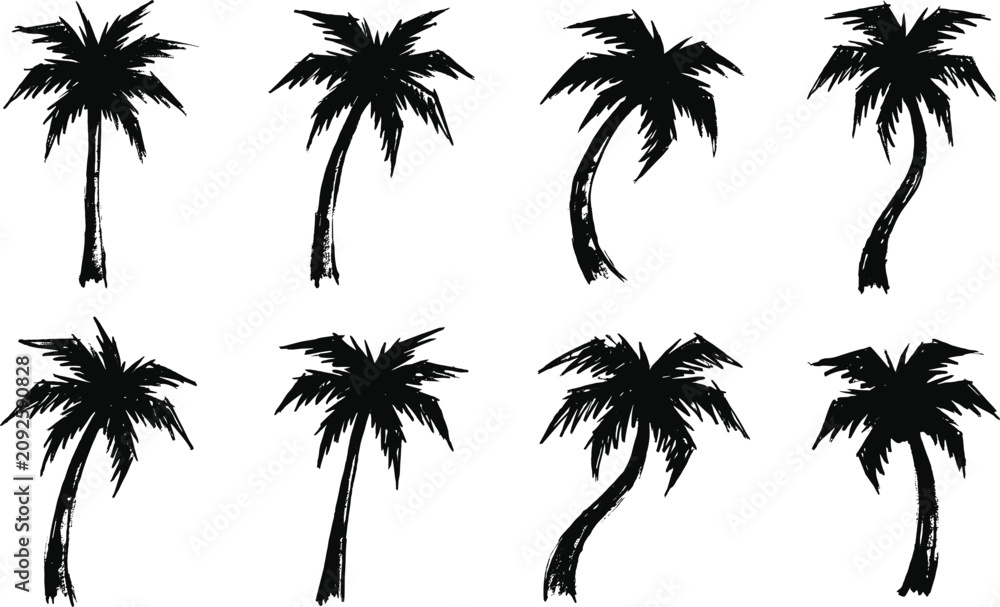 Fototapeta premium Hand drawn grunge palm tree silhouettes vector set for summer beach resort and tropical travel designs