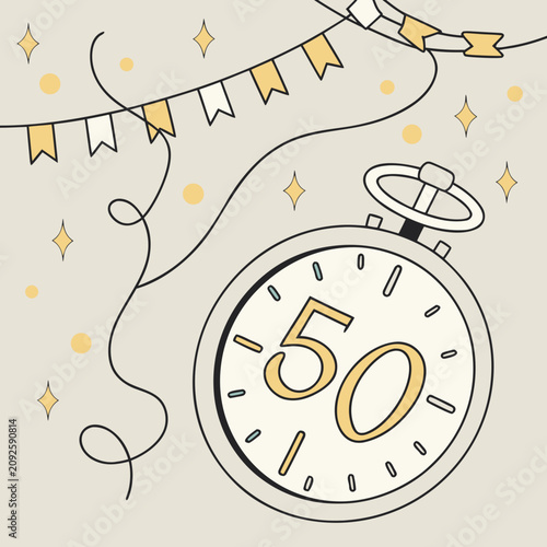 50th anniversary celebration illustration with stopwatch and festive bunting decorations