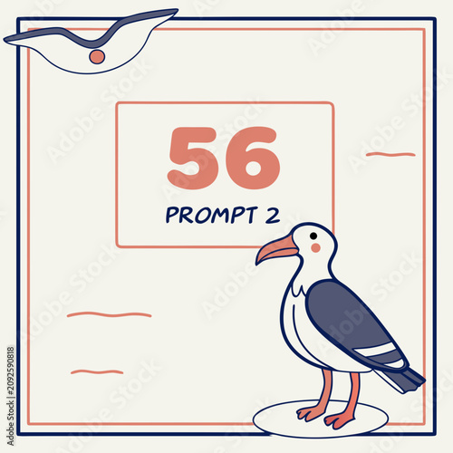 Cute cartoon seagull standing on a sign with prompt number 56