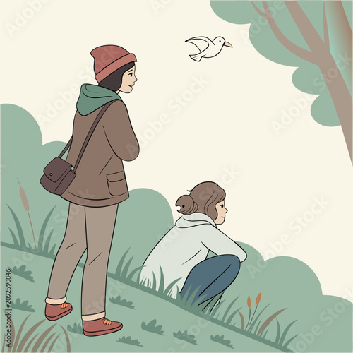 Two young women observing nature in a park, vector illustration of outdoor leisure time.