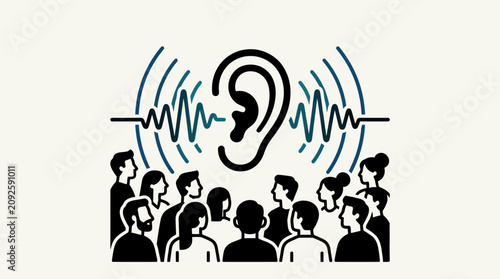 Hearing awareness illustration with human ear and crowd silhouette