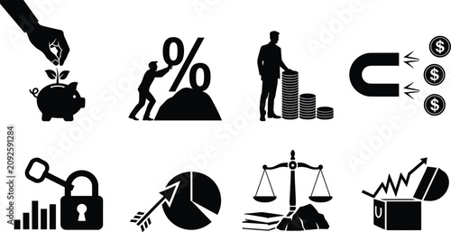 Financial investment banking operations business optimization and wealth growth vector icon set black silhouette isolated on white background