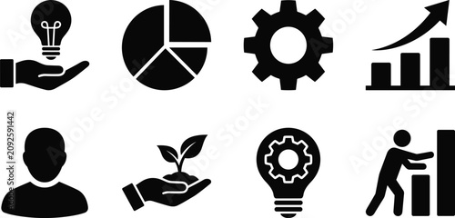 Business optimization creative idea data analytics and strategic growth vector icon set black silhouette isolated on white background