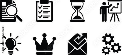 Business optimization project management strategy and strategic growth vector icon set black silhouette isolated on white background
